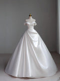 Classic Bridal Gown Ball Gown Off The Shoulder Short Sleeves Satin White Wedding Dresses Minimalist Bridal Gowns HZ1121