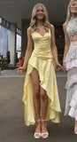 Elegant High Low Spaghetti Straps Yellow Satin Long Prom Dresses Party Dress Summer 20th Birthday Outfits 18th Birthday Dresses HZ1121