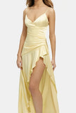 Elegant High Low Spaghetti Straps Yellow Satin Long Prom Dresses Party Dress Summer 20th Birthday Outfits 18th Birthday Dresses HZ1121