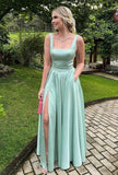 Elegant A line Square Neck Mint Green Satin Prom Dresses Party Dress Summer 20th Birthday Outfits 18th Birthday Dresses HZ1121