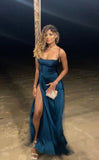 Elegant A line Spaghetti Straps Slit Navy Blue Prom Dresses Party Dress Summer 20th Birthday Outfits 18th Birthday Dresses HZ1121