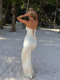 Elegant Mermaid Strapless Slit Satin Long Prom Dresses Party Dress Summer 20th Birthday Outfits 18th Birthday Dresses HZ1121