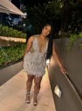 Pretty Sheath V Neck Sleeveless Silver Sequin Short Mini Feathers Formal 8th Grade Homecoming Dresses Summer Middle School Hoco Dress Homecoming Outfits HZ1121