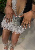Pretty Sheath V Neck Sleeveless Silver Sequin Short Mini Feathers Formal 8th Grade Homecoming Dresses Summer Middle School Hoco Dress Homecoming Outfits HZ1121