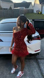 Pretty Sheath One Shoulder Burgundy Sequin Short Mini Feathers Formal 8th Grade Homecoming Dresses Summer Middle School Hoco Dress Homecoming Outfits HZ1121