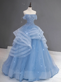 Pretty Ball Gown Off The Shoulder Blue Tulle Long Quinceanera Dress Formal Gowns Vestido De 15 Anos Sweet 16 Dress HZ1121