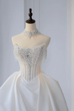Timeless Bridal Gown Ball Gown Strapless Satin Silver Beads Sleeveless Long White Wedding Dresses Elegant Bridal Gowns HZ1121