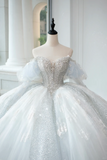 Timeless Bridal Gown Ball Gown Off The Shoulder Light Sky Blue Sequin Long White Wedding Dresses Elegant Bridal Gowns HZ1121
