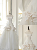 Timeless Bridal Gown Ball Gown Strapless Satin Flowers Sleeveless Long White Wedding Dresses Elegant Bridal Gowns HZ1121