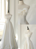 Timeless Bridal Gown A line Strapless Satin White Wedding Dresses Elegant Bridal Gowns HZ1121