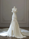 Unique Bridal Gown Mermaid Off The Shoulder Satin Short Sleeves Pleated Wedding Dresses Modest Bridal Gowns HZ1121