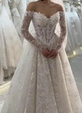 Timeless Bridal Gown Ball Gown Off The Shoulder White Lace Appliques Long Sleeves Wedding Dresses Elegant Bridal Gowns HZ1121