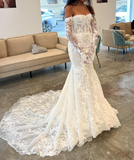 Timeless Bridal Gown Mermaid Off The Shoulder White Lace Long Sleeves Wedding Dresses Elegant Bridal Gowns HZ1121