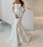Timeless Bridal Gown Mermaid Off The Shoulder White Lace Long Sleeves Wedding Dresses Elegant Bridal Gowns HZ1121