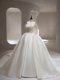Timeless Bridal Gown Ball Gown Off The Shoulder White Satin Long Pleated Wedding Dresses Elegant Bridal Gowns HZ1121