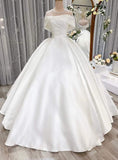 Timeless Bridal Gown Ball Gown Off The Shoulder White Satin Long Pleated Silver Beads Wedding Dresses Elegant Bridal Gowns HZ1121