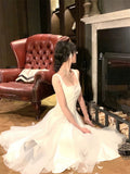 Elegant A Line Square Neck White Chiffon Sleeveless Long Evening Party Gowns Evening Formal Dresses Prom Dress HZ1121