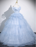 Cute Off-shoulder Ball Gown Tulle Sequined Long Prom Dress Sweet Ice Blue Quinceanera Dress HZ1121