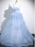 Cute Off-shoulder Ball Gown Tulle Sequined Long Prom Dress Sweet Ice Blue Quinceanera Dress HZ1121