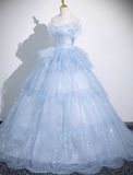 Cute Off-shoulder Ball Gown Tulle Sequined Long Prom Dress Sweet Ice Blue Quinceanera Dress HZ1121
