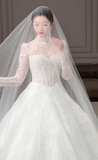 Modest Turtleneck Ball Gown Lace Applique Wedding Dress Elegant Long Sleeve Bridal Dress HZ1121