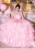 Cute Strapless Ball Gown Tiered Tull Long Prom Dress, Pink Sweet 16 Dress HZ1121