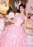 Cute Strapless Ball Gown Tiered Tull Long Prom Dress, Pink Sweet 16 Dress HZ1121