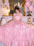 Cute Strapless Ball Gown Tiered Tull Long Prom Dress, Pink Sweet 16 Dress HZ1121