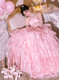 Cute Strapless Ball Gown Tiered Tull Long Prom Dress, Pink Sweet 16 Dress HZ1121