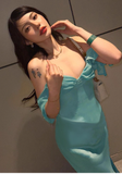 Sexy Off-the-shoulder Mermaid Satin Chiffon Long Prom Dresses, Blue Formal Evening Dresses HZ1121