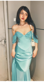 Sexy Off-the-shoulder Mermaid Satin Chiffon Long Prom Dresses, Blue Formal Evening Dresses HZ1121