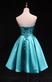 Elegant Strapless A-Line Satin Short Prom Dresses, Blue Homecoming Dresses HZ1121