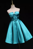 Elegant Strapless A-Line Satin Short Prom Dresses, Blue Homecoming Dresses HZ1121
