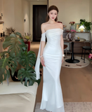 Elegant Off-the-shoulder Mermaid Tulle Evening Dresses White Birthday Dresses HZ1121