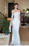 Elegant Off-the-shoulder Mermaid Tulle Evening Dresses White Birthday Dresses HZ1121