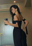 Sexy Off-the-shoulder Sheath Chiffon Evening Dresses Black Birthday Dresses HZ1121