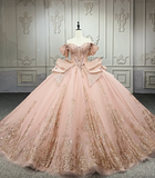 Gorgeous Off-the-Shoulder Ball Gown Tulle Beaded Applique Long Prom Dresses, Peach Quinceanera Dresses HZ1121