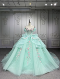 Gorgeous Off-the-Shoulder Ball Gown Tulle Beaded Applique Long Prom Dresses, Green Quinceanera Dresses HZ1121
