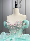 Gorgeous Off-the-Shoulder Ball Gown Tulle Beaded Applique Long Prom Dresses, Green Quinceanera Dresses HZ1121