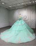 Gorgeous Off-the-Shoulder Ball Gown Tulle Beaded Applique Long Prom Dresses, Green Quinceanera Dresses HZ1121