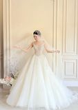 Timeless Spaghetti Strap Ball Gown Tulle Wedding Dress, White Bridal Gowns HZ1121