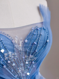 Elegant Glamour Ball Gown Strapless Blue Tulle Long Prom Dresses Party Dress Evening Dress HZ1121