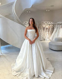 Classic Brides Dress Ball Gown Strapless Satin White Wedding Dresses Minimalist Bridal Gowns HZ1121