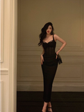 Modest Sheath Spaghetti Straps Black Satin 21st Birthday Dress Party Gown Birthday Outfits Birthday Dress Ideas For Women HZ1121