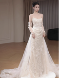Classic Bridal Gown Sheath Strapless Long Sleeves Lace White Wedding Dresses Minimalist Bridal Gowns HZ1121