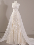 Classic Bridal Gown Sheath Strapless Long Sleeves Lace White Wedding Dresses Minimalist Bridal Gowns HZ1121