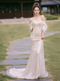 Classic Bridal Gown Mermaid Off The Shoulder Sequin White Wedding Dresses Minimalist Bridal Gowns HZ1121