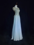 Vintage A Line Scoop Light Sky Blue Chiffon Long Prom Dress Party Dress Evening Dresses HZ1121