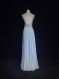 Vintage A Line Scoop Light Sky Blue Chiffon Long Prom Dress Party Dress Evening Dresses HZ1121