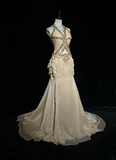Vintage A Line Halter Chiffon Champagne Long Prom Dress Party Dress Evening Dresses HZ1121